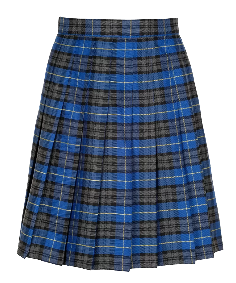 Front Senior Stitch Down Pleat Tartan Skirt Blue Tartan