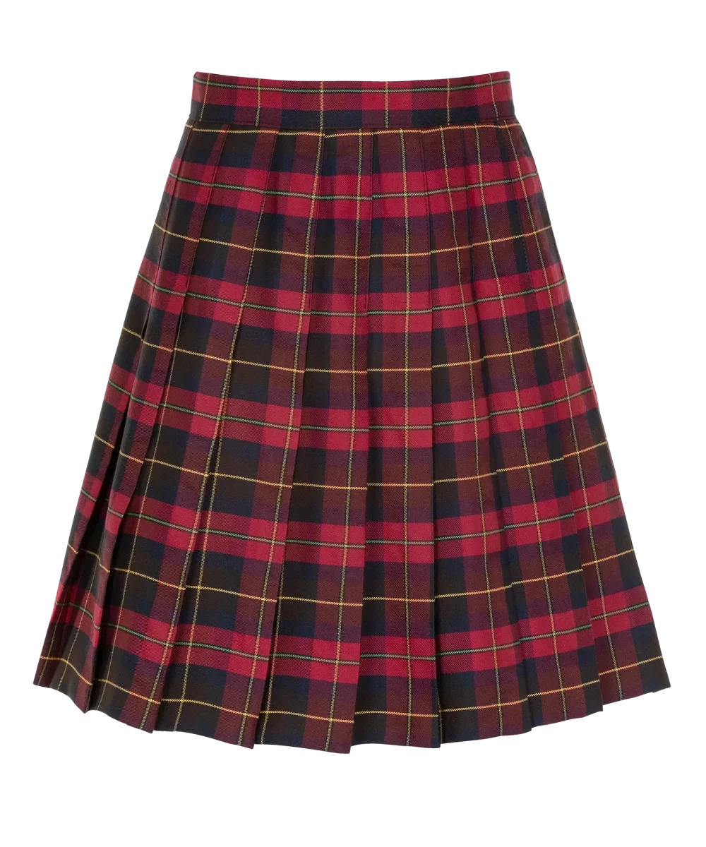 Front Senior Stitch Down Pleat Tartan Skirt Maroon Tartan